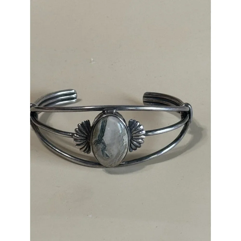 Vintage GFMW Sterling Silver Green Lace Jasper Cuff Bracelet 6 1/4' - Picture 6 of 11